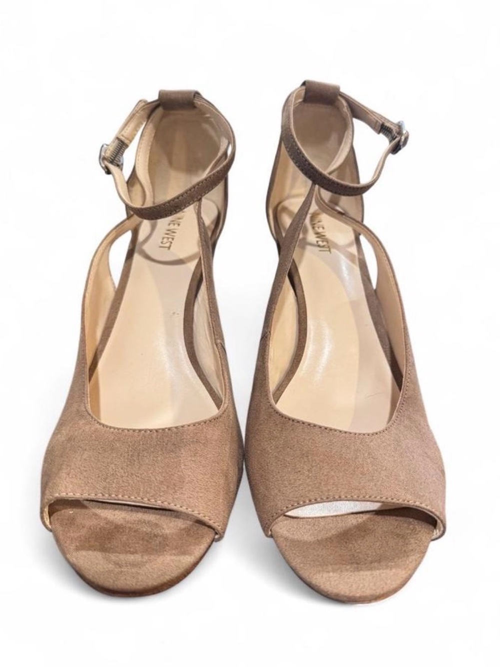 Nine West Suede Open-Toe Ankle Strap Wedges in Taupe
